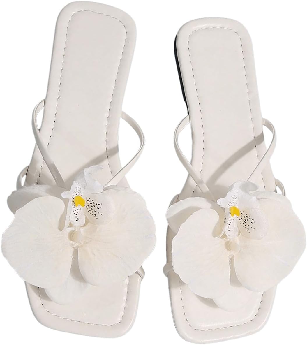 GORGLITTER Women's 3D Flower Sandals Dressy Square Open Toe Floral Flat Sandals Summer Beach Vacation Slides 2026
