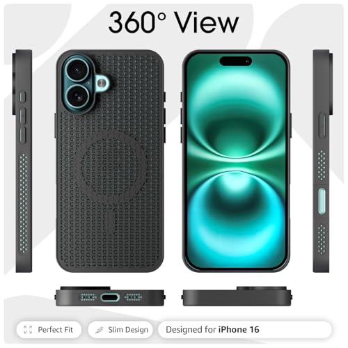 Image of Pikkme Back Cover for iPhone 16 | Honeycomb Cooling Design | Silicone Heat Dissipation | Mag-Safe Compatible | Shockproof Camera Protection Bumper Case (Black)
