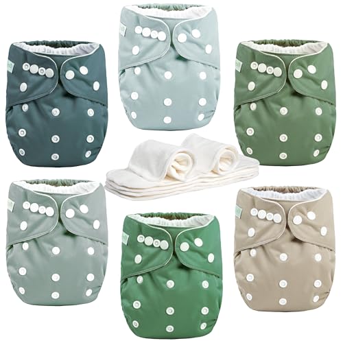 Image of wegreeco Cloth Diapers 6 Pack with 6 Inserts & 1 Wet Bag, Washable Cloth Diapers for Babies, One Size Adjustable Reusable (Green)