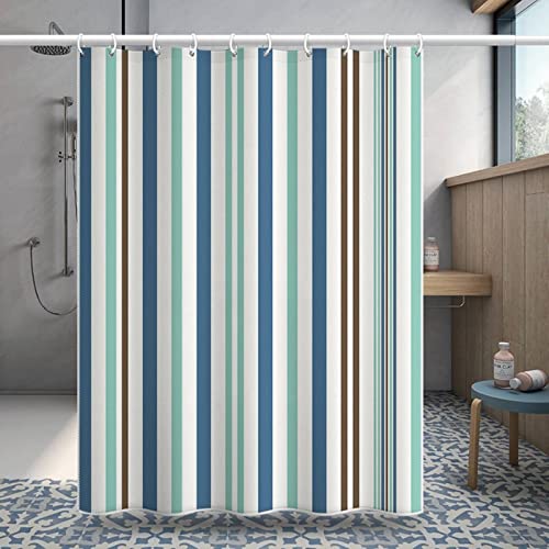 Musihy Rideau de Douche de Salle de Bain, 120x180cm Polyester Bleu, Blanc, Vert, Marron Rayures Verticales Rideau de Douche en Tissu pour Salle de Bain