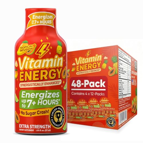 Vitamin Energy Tropical Infusion Extra Strength Energy Shot, 48 Pack - Up to 7 Hrs, 260mg Natural Caffeine, Zero Sugar - BCAAs + CoQ10, Focus Support, B12 B6 Niacin, 1.93 fl oz, Keto Vegan