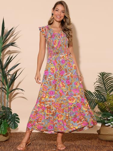 Image of Seta T Women's Summer Dresses Casual Ruffle Sleeveless V Neck Floral Sundress Flowy Smocked Beach Maxi Dress