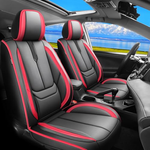 Image of Fit RAV4 Car Seat Covers for Toyota RAV4 2013-2018 LE,XLE,SE,Hybrid,Premium, Limited - Upgraded Premium Waterproof & Breathable Leather,All-Weather Seat Cushion Protector(2 Front /Black-Red)