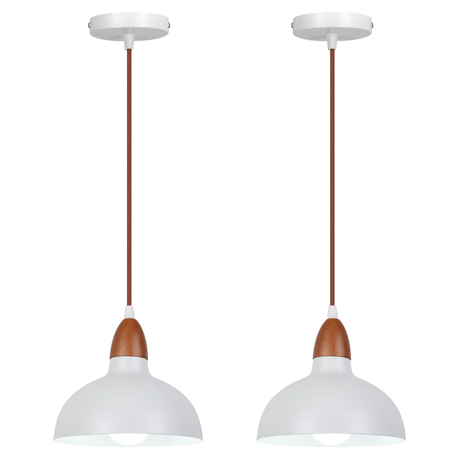 2 Piezas Lámpara Colgante Vintage Industrial, E27 Lámpara de Techo de Madera Ø19cm Pantalla Metal Moderna Lámparas para Comedor Sala de Café, Blanco