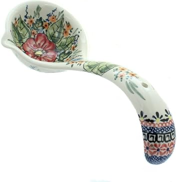 Blue Rose Polish Pottery - Red Floral Butterfly Soup Ladle - 10" Long - Beautiful Ladle for Gravy & Soup