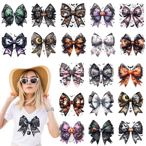 Dazoratix Halloween Bow Iron on Transfers - 20 Sheets DTF Ready to Press Heat Patches Vinyl Designs Ghost Pumpkin Stickers Decals for Girl Women T Shirts Clothes Hoodies DIY Crafts Applique Decoration