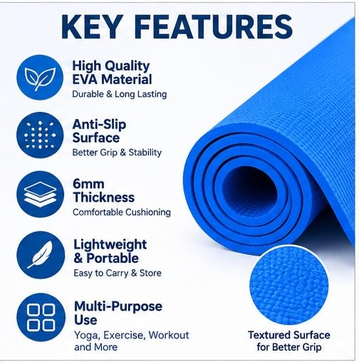 Image of Yoga mat for Women & Men EVA Material 6mm Anti-Slip Mat for Workout|Exercise Mat For Home Gym | Yoga Mat-For Gym-Workout and Yoga Exercise (1, Blue)