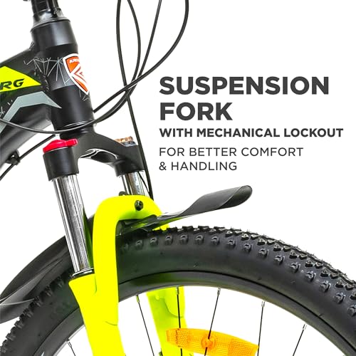 Image of KROSS Emerg 29T Unisex Matt Black Multispeed (Shimano 24-Speed) MTB | Alloy Frame with Dual Disc Brakes and Front Suspension Fork | Ideal for 15+ Years (Yellow)