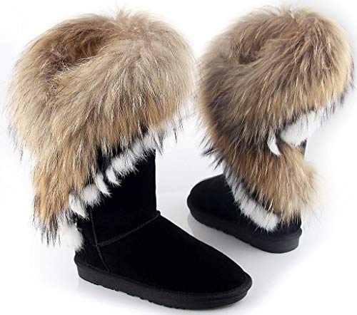 APHNUS Womens Mid Calf Boots Cow Leather Fur Snow Boots3