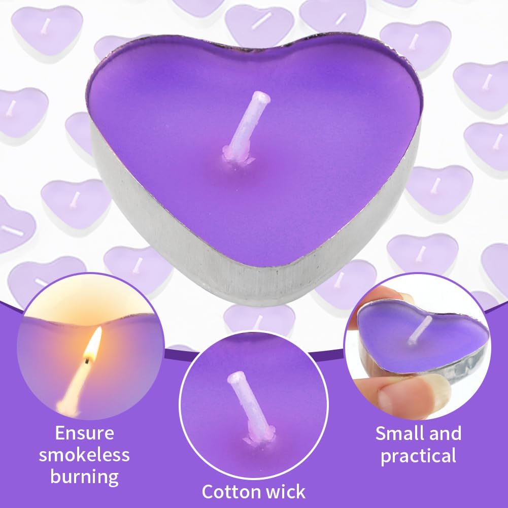 Tea Lights Candles, 50pcs Heart Shaped Smokeless Tea Lights Candles Unscented Candles, Dripless & Long Lasting Mini Tealight Candles for Wedding Celebrations Home Decor(Purple)