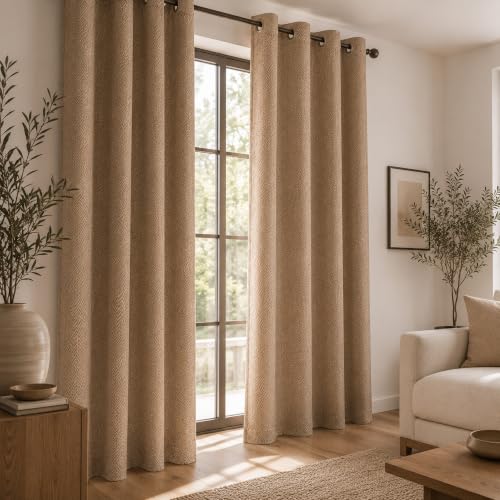 Image of LINENWALAS 100% Blackout Curtains for Window (5 Feet) - Set of 2 Panels, Herringbone Linen Texture Complete Light Block, Thermal Insulated & Noise Reducing Room Darkening Drapes (Mocha)