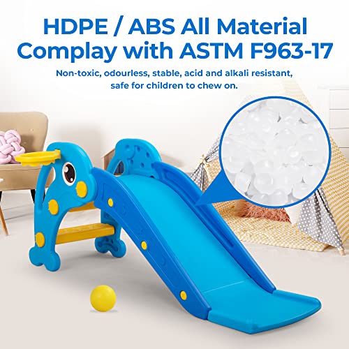 NYEEKOY 3 in 1 Toddler Slide, Baby Slide Plastic Climber Playset with Basketball Hoop and Ball, Indoor and Outdoor Playground for Kids