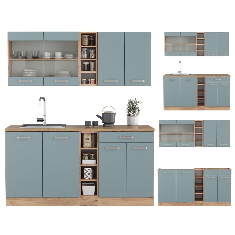 Vicco Cucina monoblocco R-Line, Rovere blu-grigio/oro, 160 cm Senza piano di lavoro, adatto per combinazioni ed espansioni personalizzate