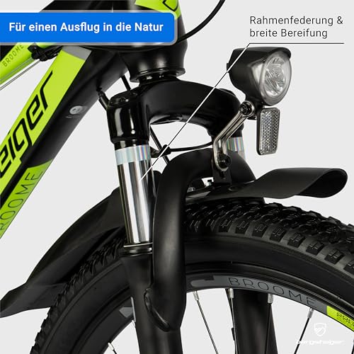 Bergsteiger Broome 24, 26 Zoll Kinderfahrrad, 21 Gang-Schaltung, StVZO, Mountainbike mit Vollfederung, Scheibenbremsen & Dynamo-Licht, geeignet für 8, 9, 10, 11, 12, 13 Jahre, Jungen & Mädchen – Bild 3