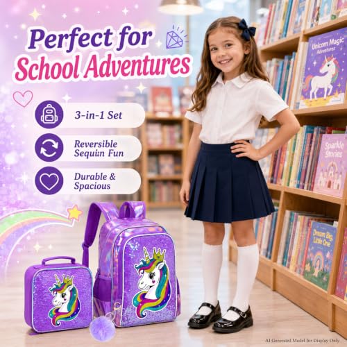 Image of CCJPX 16 inch Unicorn Backpack for Girls, 3Pcs Kids Sequin Bookbag with Lunch Box, Water Resistant Elementary School Bag for Kindergarten Preschool Toddler (Purple)