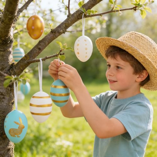 24 Stück Ostereier zum Aufhängen Draussen, Bunte Ostereier Outdoor mit Bast Osterdeko Plastikeier Zum Aufhängen Easter Eggs für Ostern Geschenk Osterjagd Osterbaumschmuck Zuhause Garten Party Deko