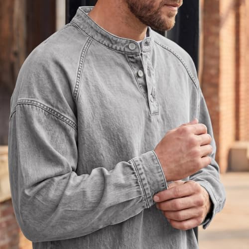 Denim Shirt Men Washed Button Down Pullover Henley Top Denim Blouse - image 4
