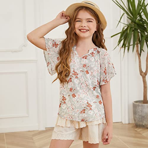 Blibean Girl Summer Blouse Short Sleeve Shirts Tween Kids Ruffle Tops Spring Boho Flower Clothes Floral Clothing Size 12-13 Years Xx-Large Green #TOP3
