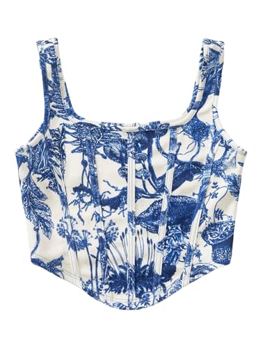 SOLY HUX Girl's Summer Tank Tops Boho Print Square Neck Sleeveless Asymmetrical Hem Crop Tops