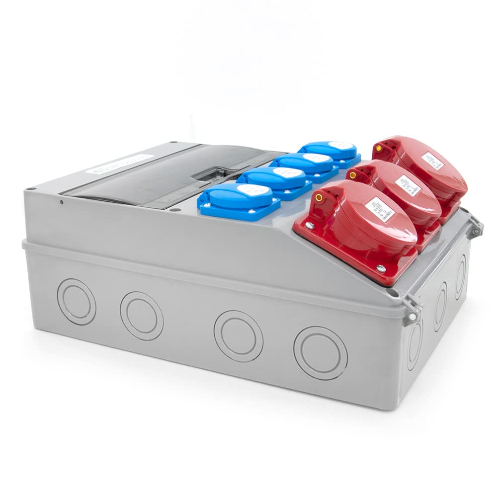 ELS Elektrotechnika Distribuidor de pared con interruptor FI y Schuko 4 x 230 V + 2 interruptores LS, 2 x CEE 16 A, 1 x CEE 32 A, enchufes, asegurado, cableado, listo para conectar para garaje,