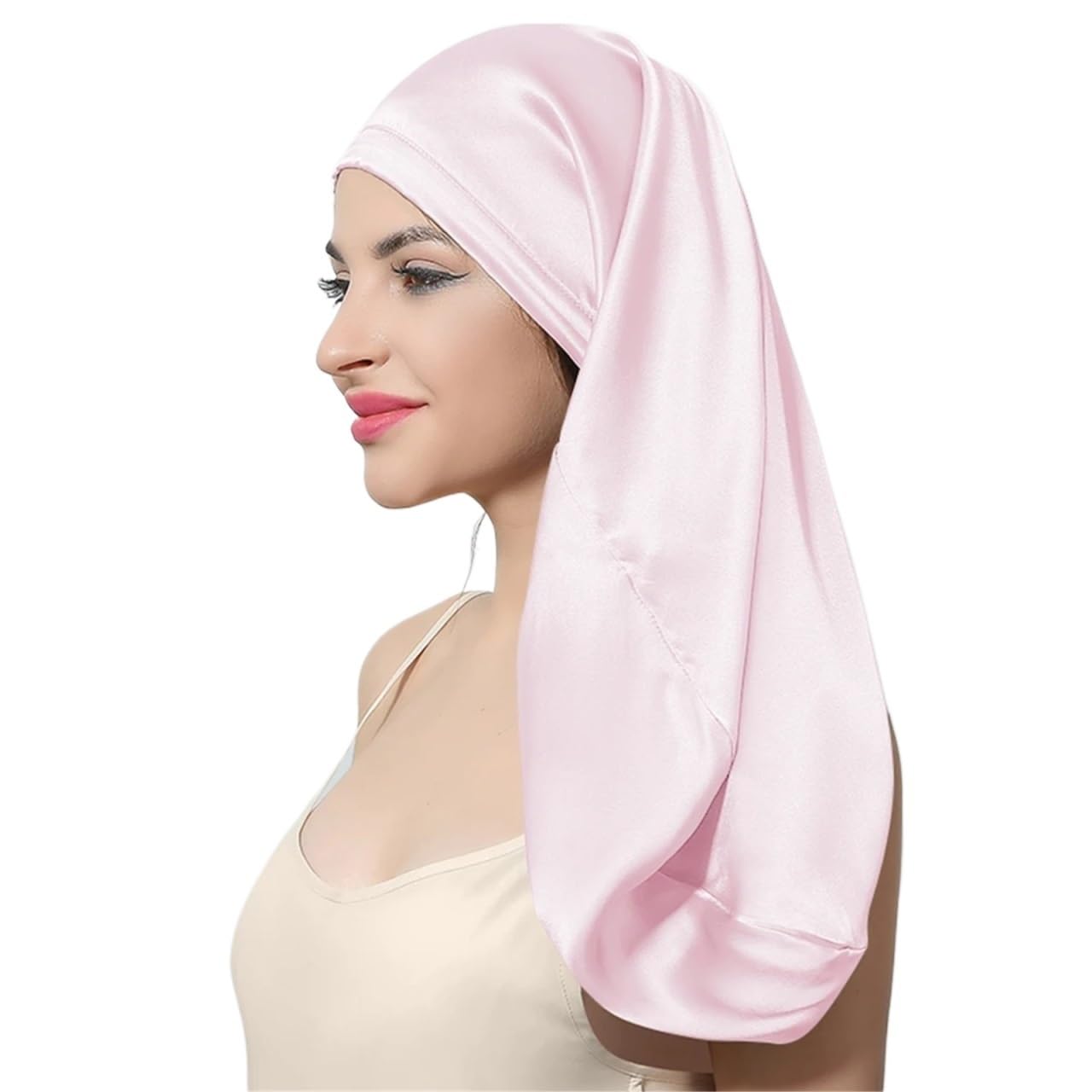 Seidenhaube FüR Frauen Schlafende Haarkappe aus Seide for langes Haar, Nachtschlafbezug aus Seide for Frauen zur Haarpflege FüR Frauen(Light pink,60CM)
