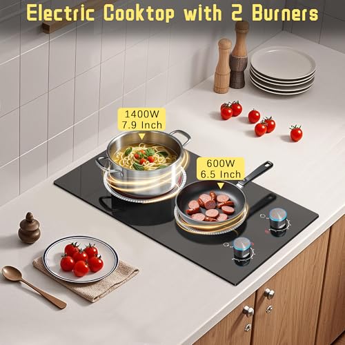 Image of 2 Burner Electric Cooktop, 12 Inch Electric Stove Top, 120V Stove Top Burner Knob Control, 2000W Countertop Stove with Timer, 9 Heating Levels, Overheat Protection, High-Temp Alarm Pladeca