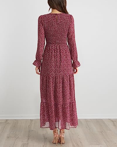 Image of BTFBM Women Casual Long Sleeve Crew Neck Fall Dress Bohemian Relaxed Fit Floral Flowy Maxi Dresses Tiered Cocktail Dress