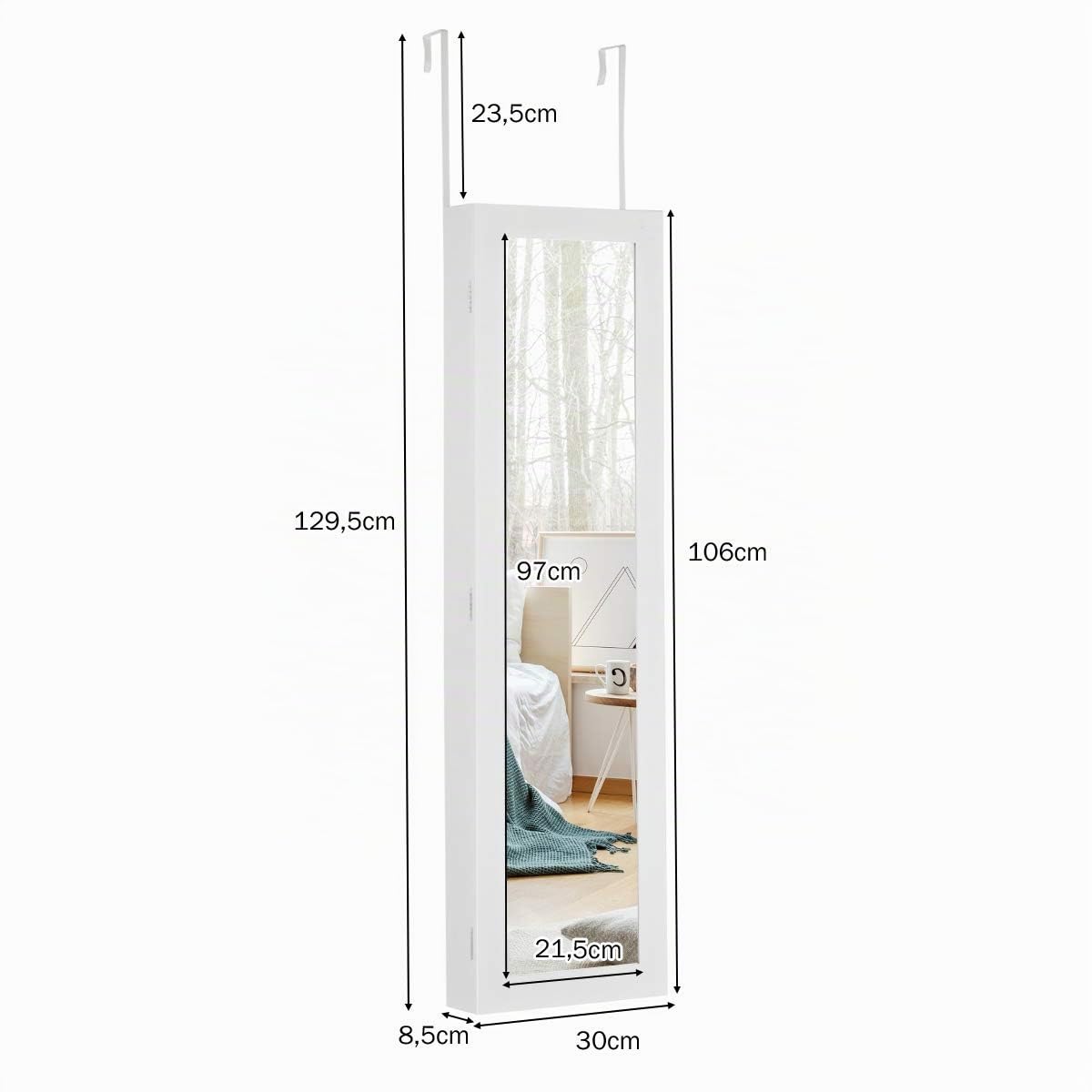 COSTWAY Espejo Joyero de Pared, Armario para Joyas con Espejo de Cuerpo Entero y Tira de luz LED, Armario Joyero Interior Montado en Pared/Puerta, Organizador de Almacenamiento para Pendiente