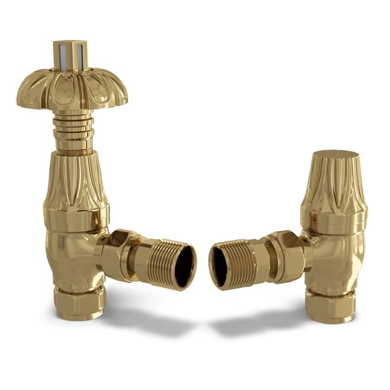 UK Radiators Polished Brass Thermostatic Radiator Valve and Angled Lockshield Valve, Polished Brass Finish