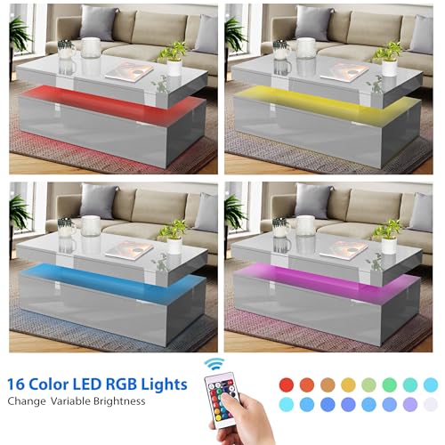 Blisswood High Gloss Coffee Table for Living Room, Rectangle Centre Table with 2 Drawer Storage, Modern Wooden Tea Table with LED RGB Lights for Home, Office & Living Room Furniture - Grey - Image 9