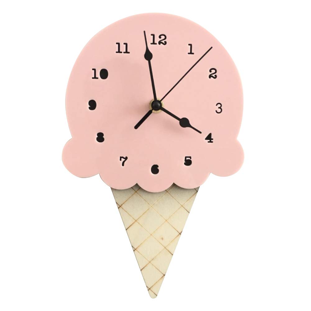 Oewnvmd Nordic INS Style Ice Cream Sharped Wall Hanging Clock, Cartoon Silent, Non-Ticking Battery Powered for Children Bedroom