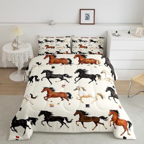 Homemissing Juego de edredón de caballo de tamaño doble, edredón de caballo galopante para niños, niñas, adolescentes, juego de ropa de cama con diseño de caballo occidental, lindo juego de edredón de