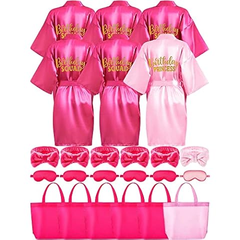 Sintuff 24 Pcs Kids Spa Party Supplies for Girls 6 Spa Party Robes 6 Tote Bags 6 Headbands 6 Spa Masks (Pink Birthday,Size 14) Cover