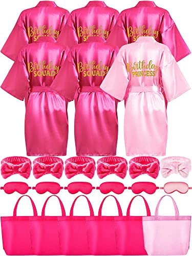 Sintuff Girls Spa Party Supplies 24 Pcs-6 Robes 6 Headbands 6 Eye Masks & 6 Tote Bags for Sleepover Slumber Birthday Party(Size 14 Pink)