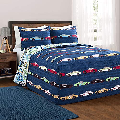 Lush Decor Navy Race Car Kids' 3-Piece Bedspread Set, Reversible Bedding Set for Boys (Full)
