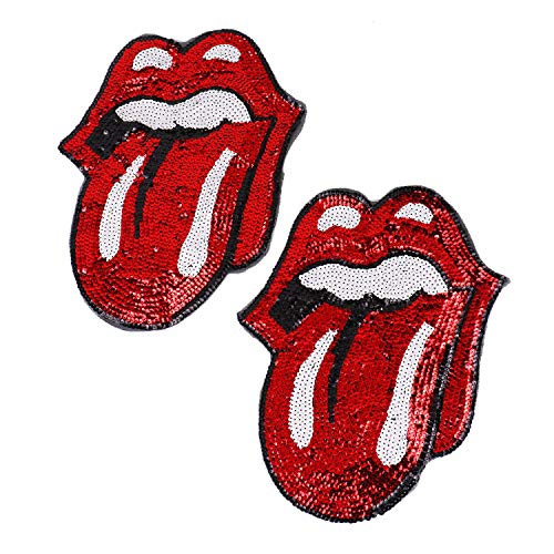 Monrocco 2Pcs Fashion Sequins Large Red Mouth Tongue Lip Patches Cloth Sticker Patch Embroidery Badges Garment Applique for Clothes DIY Patches Sewing Accessories