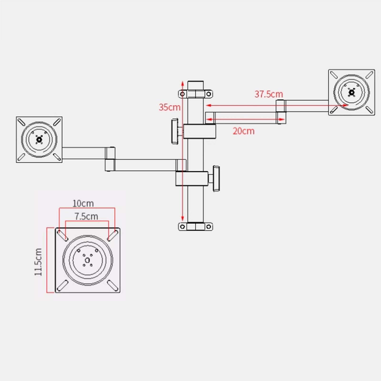 Soporte De Pared para Dos Monitores, Brazo De Aleación De Aluminio, Altura/ángulo Ajustable, Soporta hasta 8 Kg Cada Uno, con Conexión 75x75/100x100mm