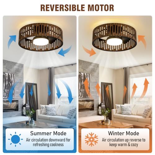 Image of fandelier ceiling fan with light,low profile ceiling fans with led lights,boho ceiling fan,farmhouse 20 inch caged bladeless ceiling fan with remote for Bedroom Kitchen Kid's Room