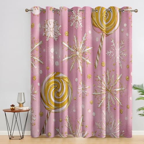 Yzdramesko Pink Christmas Curtains for Living Room, Xmas Candy Snowflake