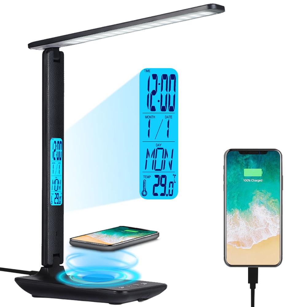 LED Desk Lamp with Wireless Charger, USB Charging Port, Desk Lamp with Clock, Phone Holder, 5 Brigntness x 3 Colour Modes