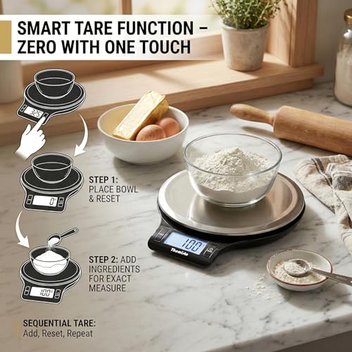 Image of Themisto TH-WS21 Digital Kitchen Weighing Scale for Cooking, Baking, Health & Fitness | Max Capacity 5kg | Stainless Steel | Tare Function | 6 Months Warranty