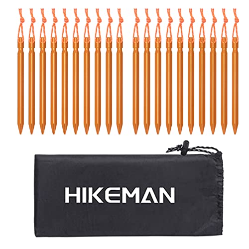 HIKEMAN Śledzie do namiotu ze stopu aluminium ze sznurkiem – 20 sztuk śledzi kempingowych do namiotu na kemping, podróże, wędrówki, plażę, wytrzymałe (złote)