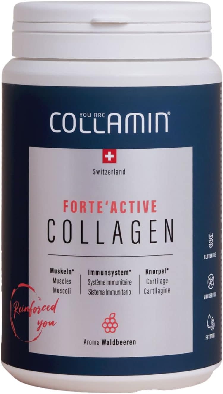 Forte’Active Collageen poeder, 450 g, Made in Switzerland, collageen met biotine, vitamine C, D, E en foliumzuur, voor spieren, gewrichten en immuunsysteem, bessensmaak