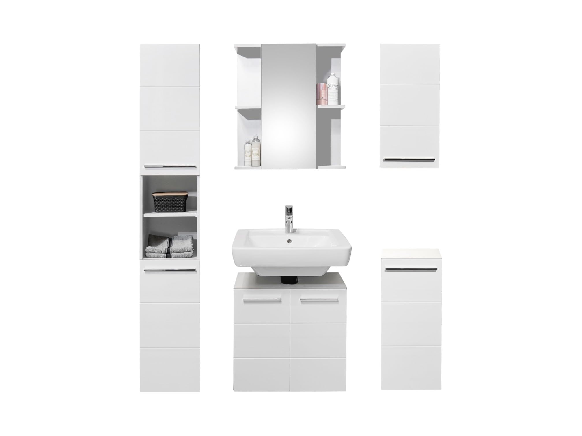 moebel-dich-auf Badezimmer Badmöbel Vail Korpus Viking Oak 5-St., Hochschrank, Spiegelschrank, Wbu, Set 1 (Weiß Hochglanz)