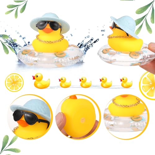 12 Set Mini Rubber Ducks Dashboard with Mini Swim Ring Sun Hat Necklace and Sunglasses, Yellow Duck Bath Ornaments for Car Decor Accessories