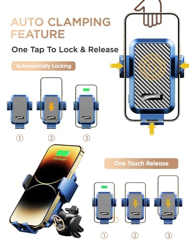 Image of Wireless Car Charger, JOYMASS 15W Fast Charging Auto Clamping Car Charger Cell Phone Holder Mount Vent for iPhone 15 14 13 12 Mini Pro Max, Samsung Galaxy S24 Ultra S23 S22 S21+ Note 20, etc - Blue