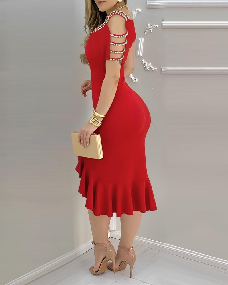 Women Cold Shoulder Night Out Dresses Beaded Strap Bodycon Dress Ruffle Split Hem Cocktail Party Midi Dress - Image 2