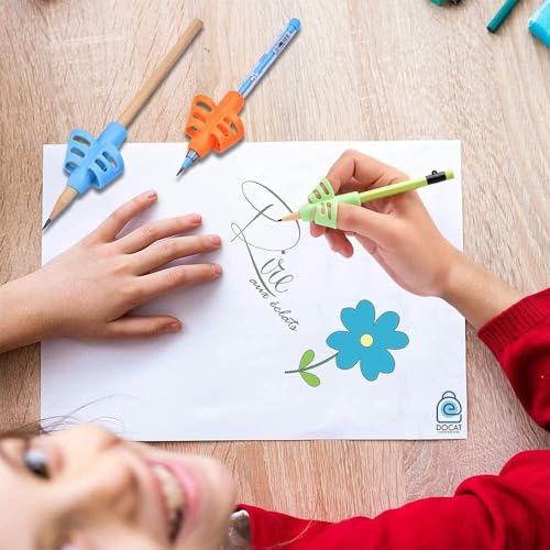 Image of WOTOFY Pencil Gripper for Kids Handwriting - Pack of 3 Pencil Holders for Posture Support - Soft Silicone Writing Aid for Toddlers, Preschoolers, Students, and Young Learners-Multi-Color Design