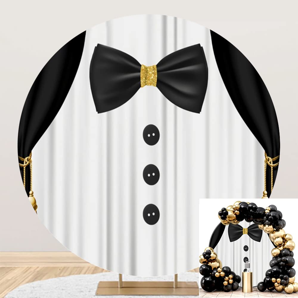 OERJU Round Tuxedo Backdrop Gentleman Backdrop for Photography Black and White Suit Bow Tie Photo Backdrop Boy Baby Shower Men Birthday Party Circle