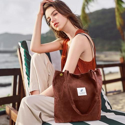 Image of Ayieyill Corduroy Tote Bag for Women Canvas Shoulder Cord Purse with Inner Pocket